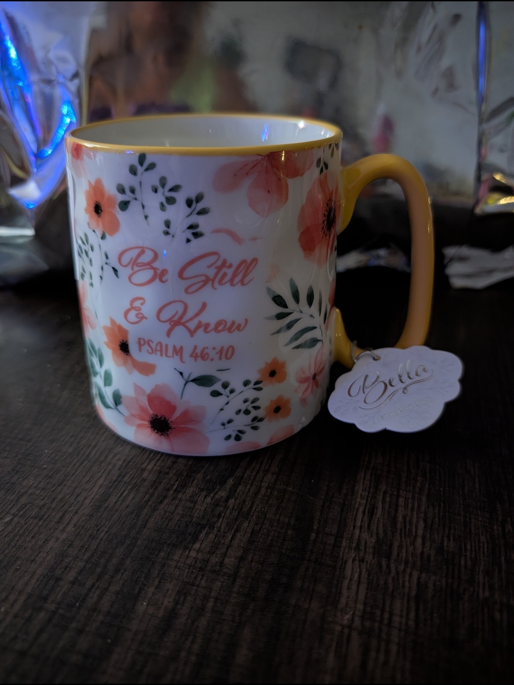 Be Still And Know Ceramic Mug with Yellow Handle and Rim